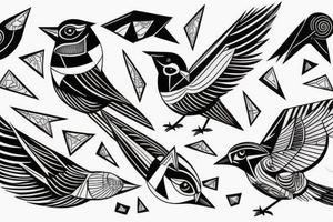 sketch art fusion geometric style robin bird mid-flight, dynamic, small amount of red accent tattoo idea