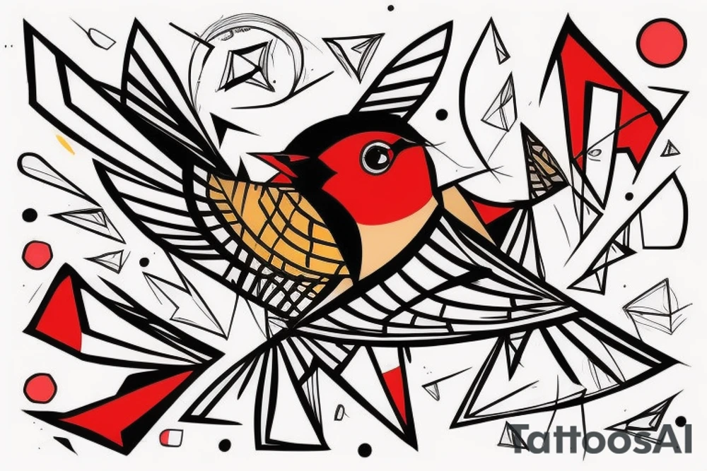 sketch art fusion geometric style robin bird mid-flight, dynamic, small amount of red accent tattoo idea