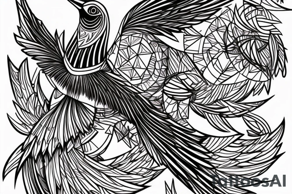 sketch art fusion geometric style robin bird mid-flight, dynamic, small amount of red accent tattoo idea