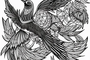 sketch art fusion geometric style robin bird mid-flight, dynamic, small amount of red accent tattoo idea