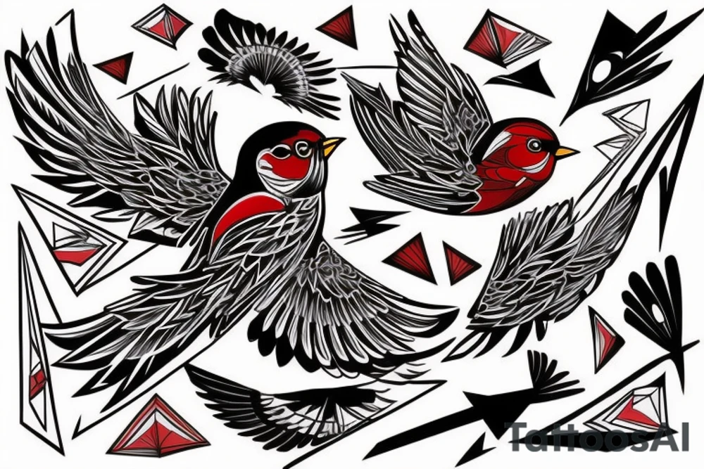 sketch art fusion geometric style robin bird mid-flight, dynamic, small amount of red accent tattoo idea