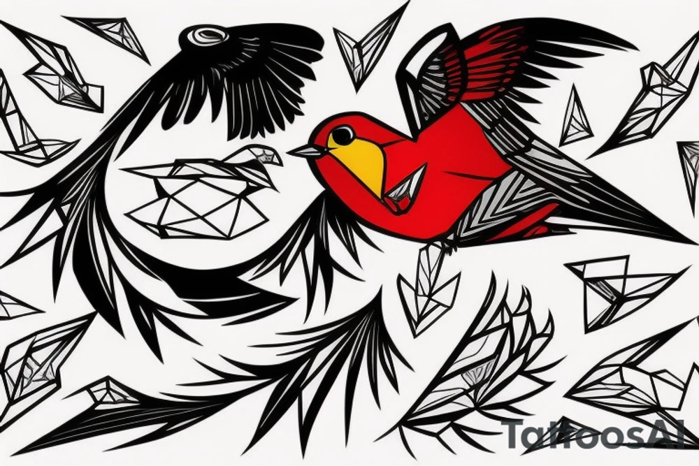 sketch art fusion geometric style robin bird mid-flight, dynamic, small amount of red accent tattoo idea