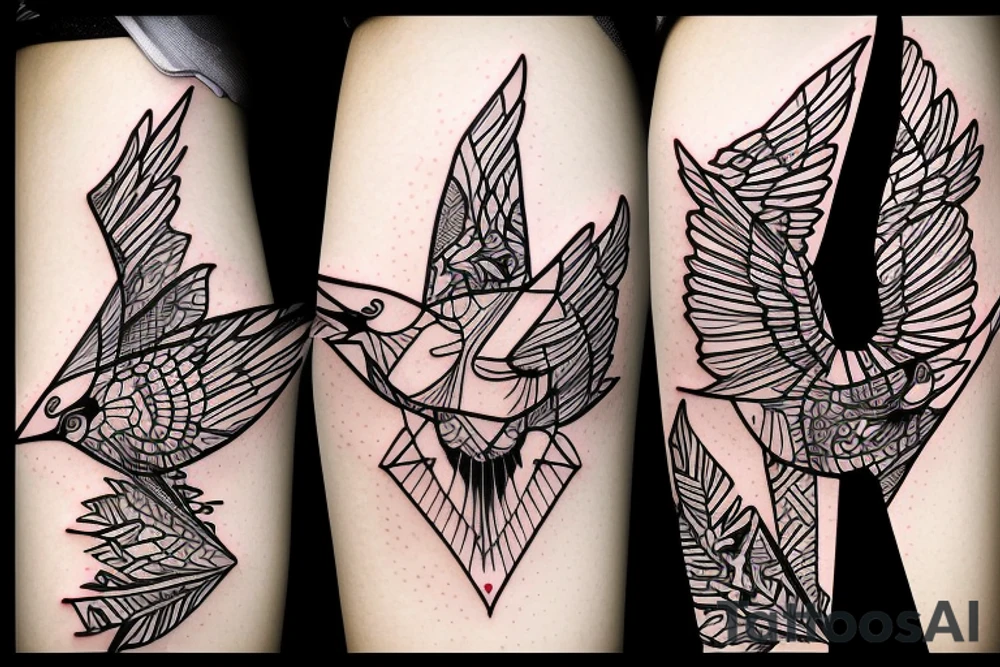 sketch art fusion geometric style robin bird mid-flight, dynamic, small amount of red accent tattoo idea