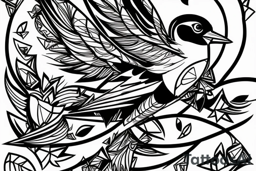 sketch art fusion geometric style robin bird mid-flight, dynamic, small amount of red accent tattoo idea