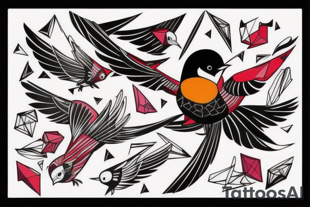 sketch art fusion geometric style robin bird mid-flight, dynamic, small amount of red accent tattoo idea
