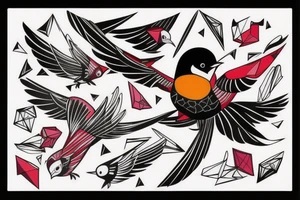 sketch art fusion geometric style robin bird mid-flight, dynamic, small amount of red accent tattoo idea