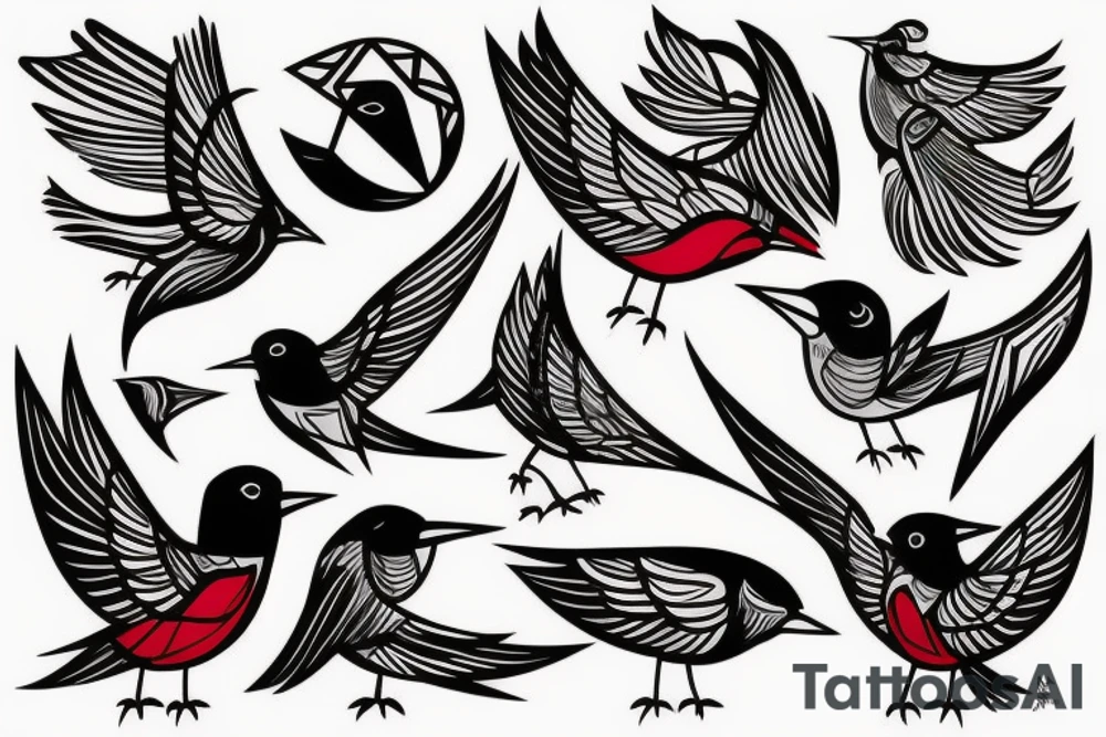 sketch art fusion geometric style robin bird mid-flight, dynamic, small amount of red accent tattoo idea