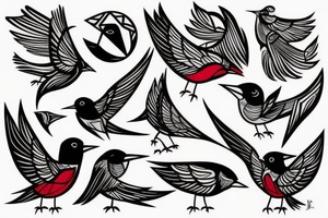 sketch art fusion geometric style robin bird mid-flight, dynamic, small amount of red accent tattoo idea