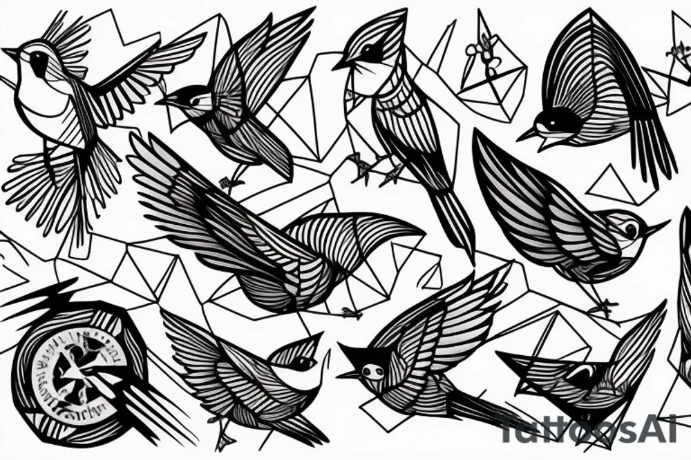 sketch geometric style robin bird mid-flight, dynamic, small amount of red accent tattoo idea