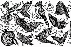 sketch geometric style robin bird mid-flight, dynamic, small amount of red accent tattoo idea