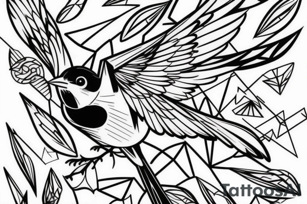 sketch geometric style robin bird mid-flight, dynamic, small amount of red accent tattoo idea