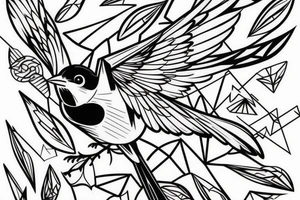sketch geometric style robin bird mid-flight, dynamic, small amount of red accent tattoo idea