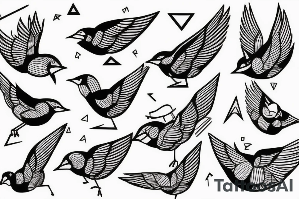 sketch geometric style robin bird mid-flight, dynamic, small amount of red accent tattoo idea