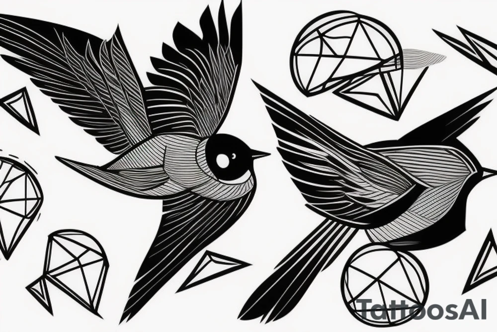 sketch geometric style robin bird mid-flight, dynamic, small amount of red accent tattoo idea