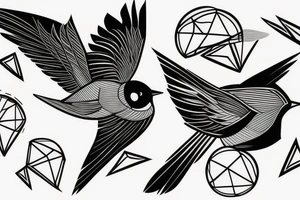 sketch geometric style robin bird mid-flight, dynamic, small amount of red accent tattoo idea