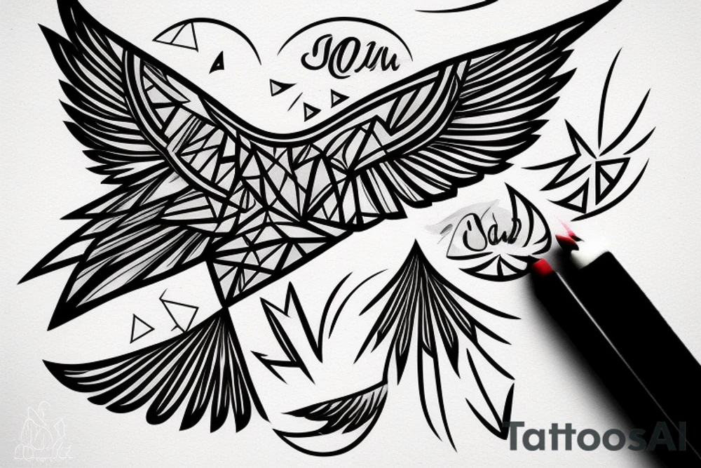 sketch geometric style robin bird mid-flight, dynamic, small amount of red accent tattoo idea