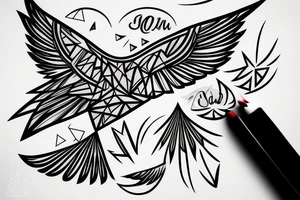 sketch geometric style robin bird mid-flight, dynamic, small amount of red accent tattoo idea
