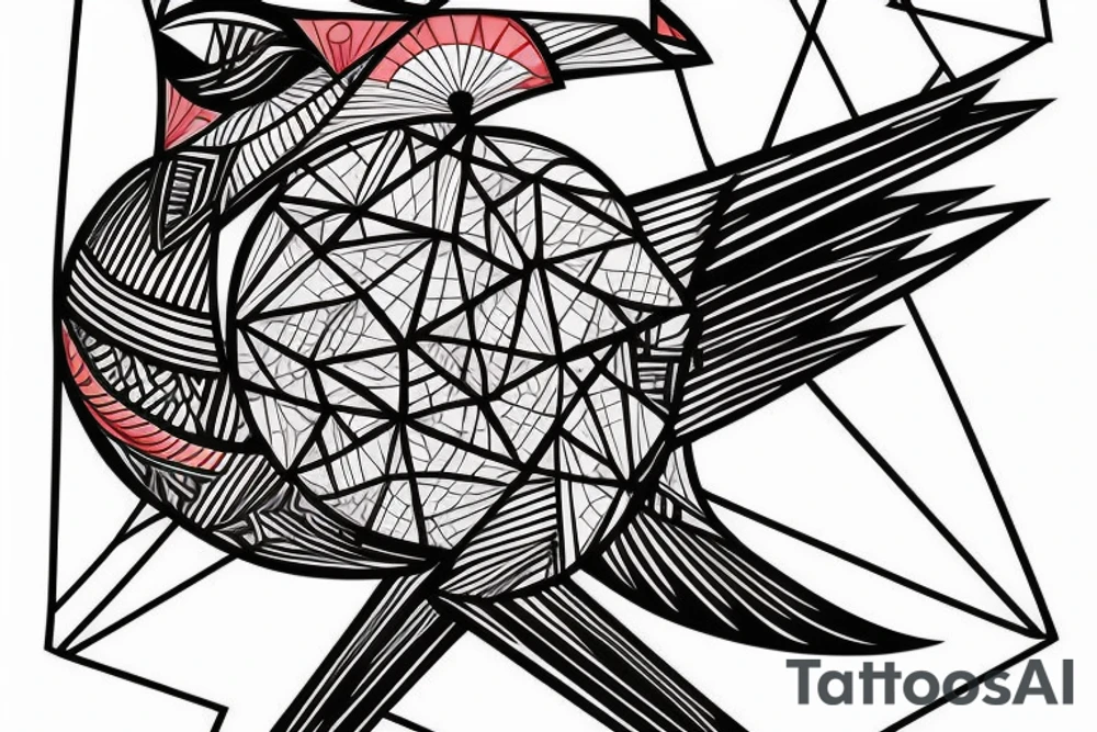 sketch geometric style robin bird mid-flight, dynamic, small amount of red accent tattoo idea