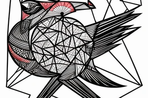 sketch geometric style robin bird mid-flight, dynamic, small amount of red accent tattoo idea