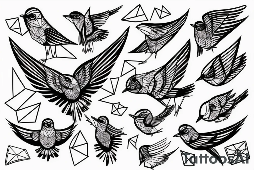 sketch geometric style robin bird mid-flight, dynamic, small amount of red accent tattoo idea