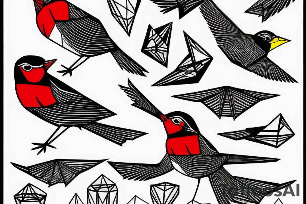sketch geometric style robin bird mid-flight, dynamic, small amount of red accent tattoo idea