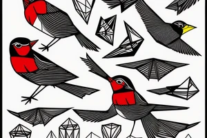 sketch geometric style robin bird mid-flight, dynamic, small amount of red accent tattoo idea