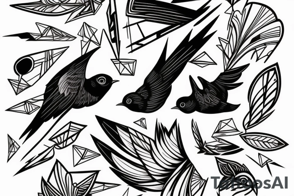 sketch geometric style robin bird mid-flight, dynamic, small amount of red accent tattoo idea