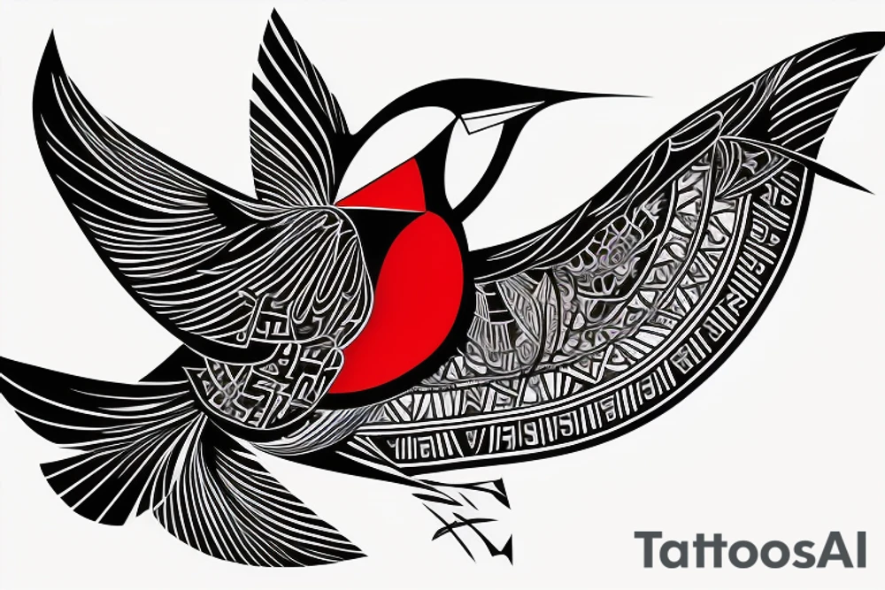 sketch geometric style robin bird mid-flight, dynamic, small amount of red accent tattoo idea