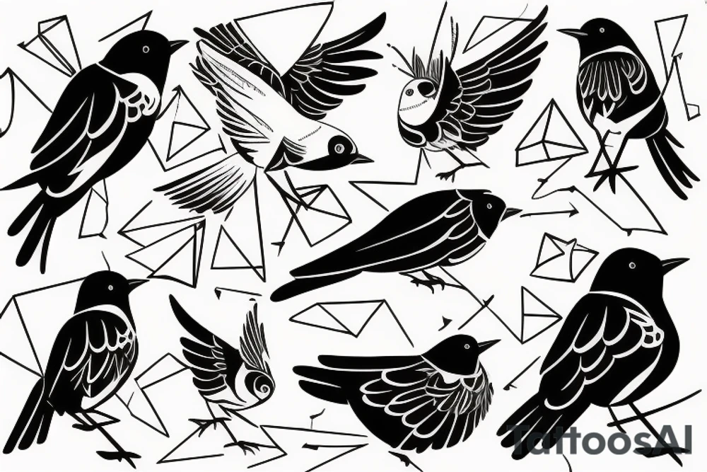 sketch geometric style robin bird mid-flight, dynamic, small amount of red accent tattoo idea