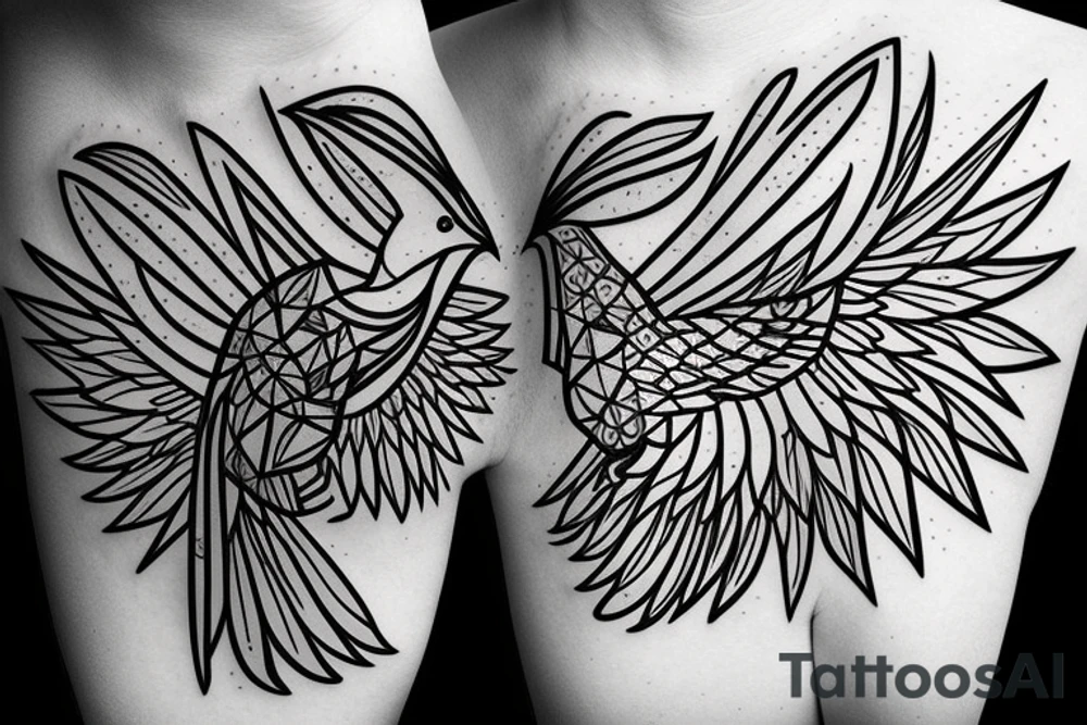 sketch geometric style robin bird mid-flight, dynamic, small amount of red accent tattoo idea
