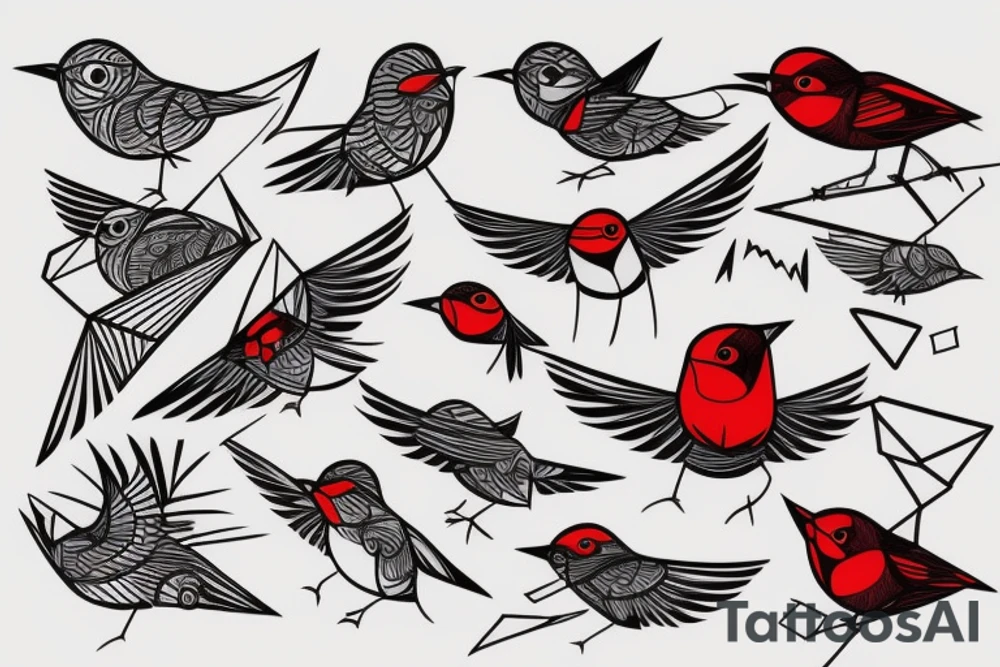 sketch geometric style robin bird mid-flight, dynamic, small amount of red accent tattoo idea