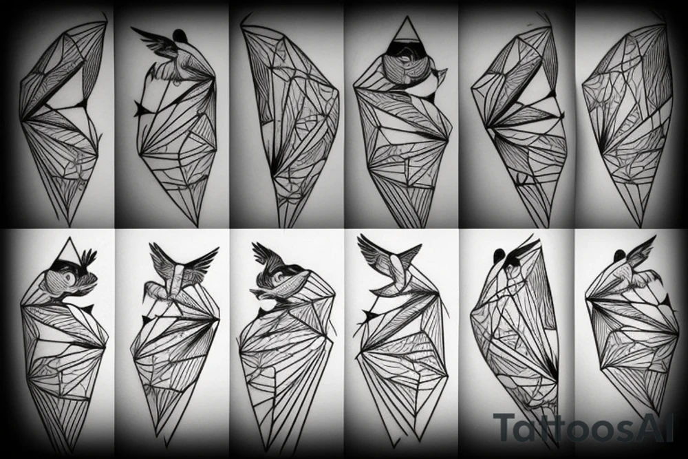 sketch geometric style robin bird mid-flight, dynamic, small amount of red accent tattoo idea