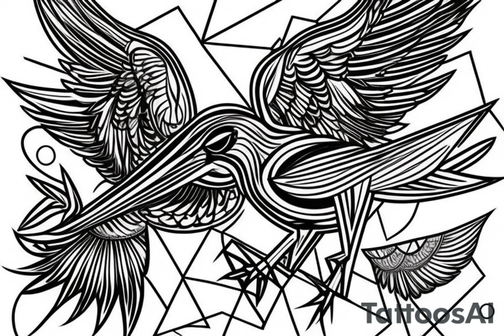 sketch geometric style robin bird mid-flight, dynamic, small amount of red accent tattoo idea