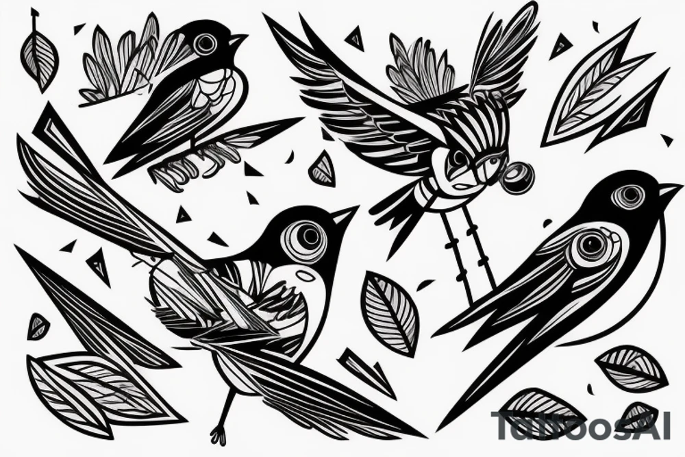 sketch geometric style robin bird mid-flight, dynamic, small amount of red accent tattoo idea