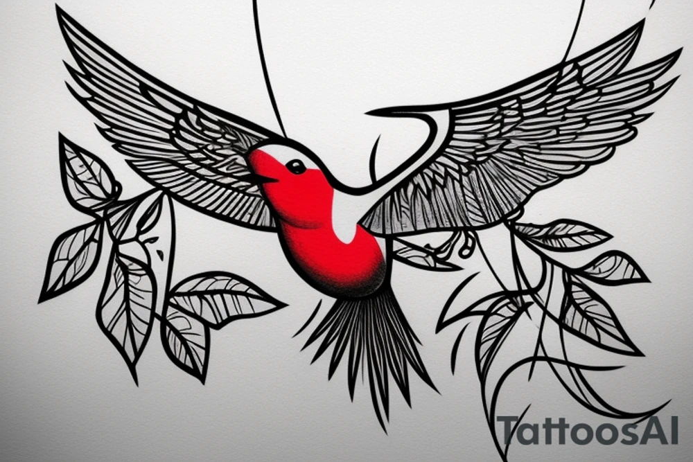 sketch geometric style robin bird mid-flight, dynamic, small amount of red accent tattoo idea