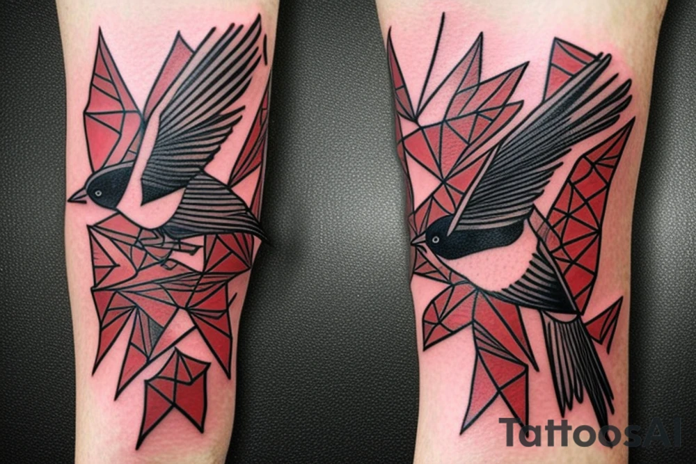 sketch geometric style robin bird mid-flight, dynamic, small amount of red accent tattoo idea