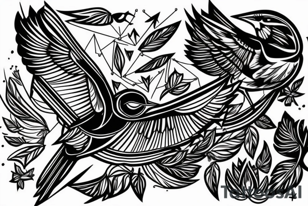 sketch geometric style robin bird mid-flight, dynamic, small amount of red accent tattoo idea