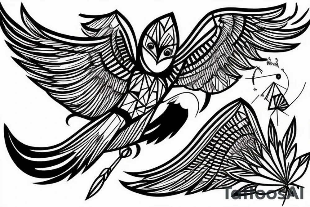 sketch geometric style robin bird mid-flight, dynamic, small amount of red accent tattoo idea