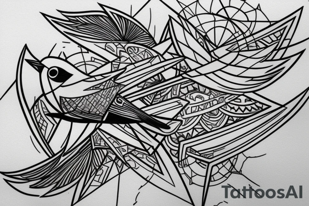 sketch geometric style robin bird mid-flight, dynamic, small amount of red accent tattoo idea