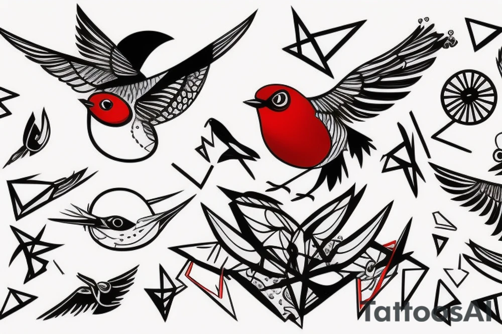 sketch geometric style robin bird mid-flight, dynamic, small amount of red accent tattoo idea