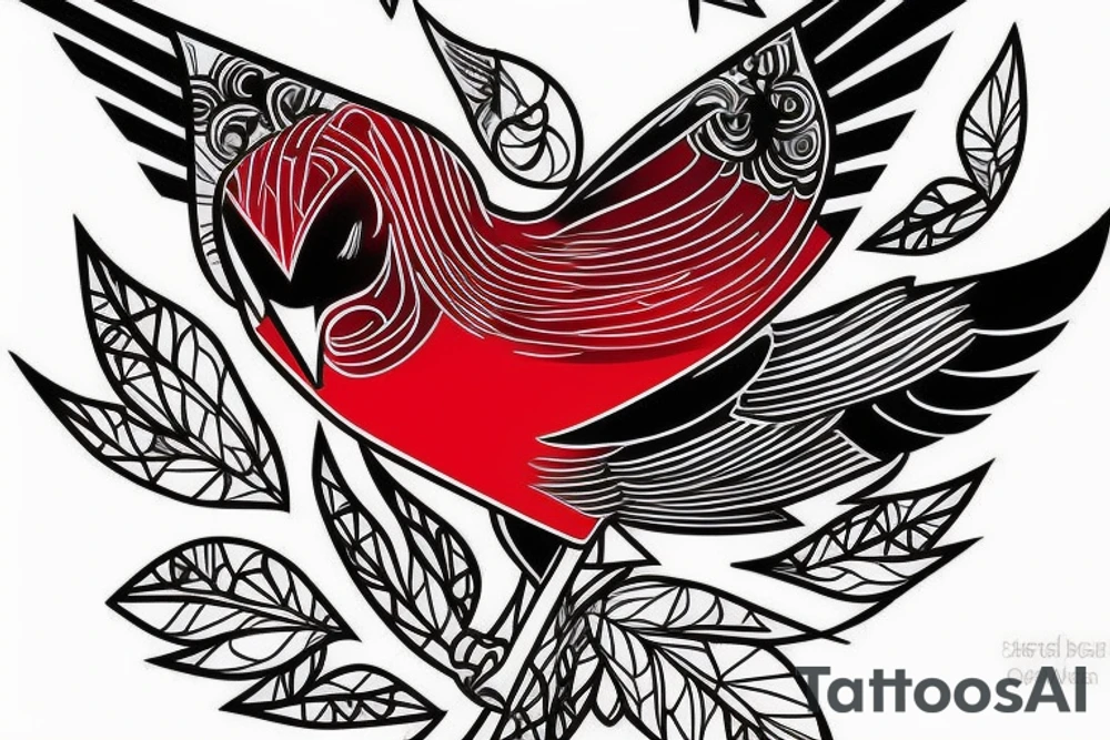 sketch geometric style robin bird mid-flight, dynamic, small amount of red accent tattoo idea