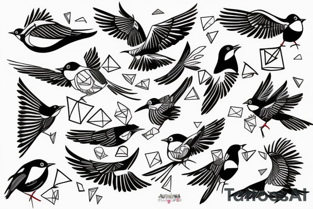 sketch geometric style robin bird mid-flight, dynamic, small amount of red accent tattoo idea