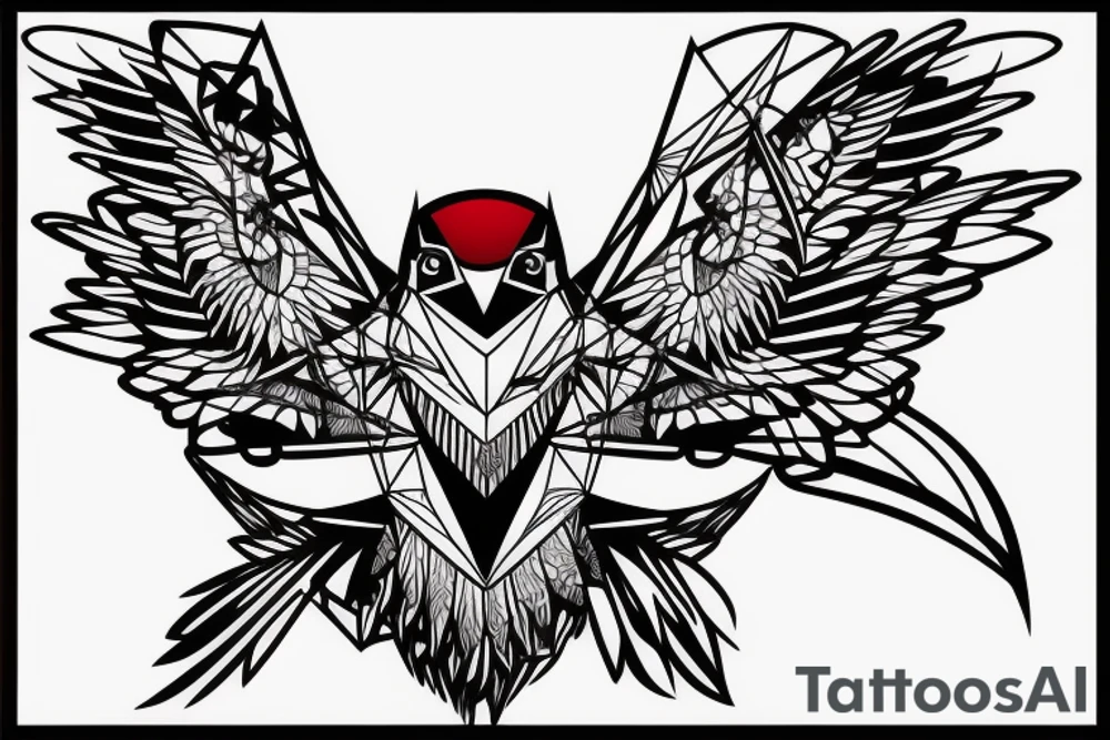 sketch geometric style robin bird mid-flight, dynamic, small amount of red accent tattoo idea