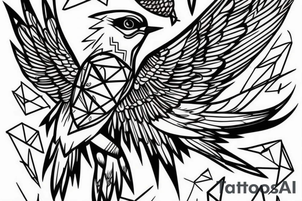 sketch geometric style robin bird mid-flight, dynamic, small amount of red accent tattoo idea