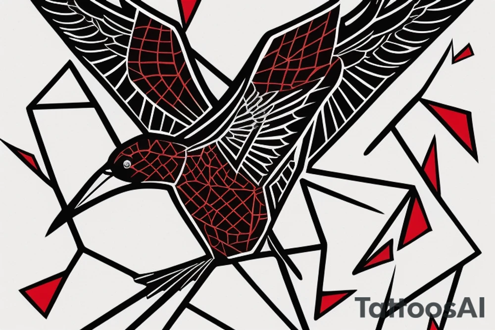 sketch geometric style robin bird mid-flight, dynamic, small amount of red accent tattoo idea