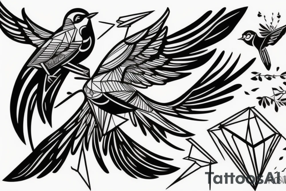 sketch geometric style robin bird mid-flight, dynamic, small amount of red accent tattoo idea