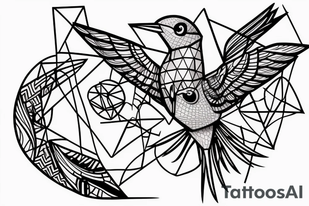 sketch geometric style robin bird mid-flight, dynamic, small amount of red accent tattoo idea