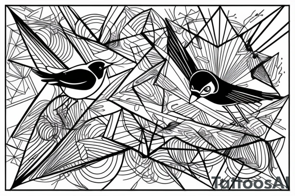 sketch geometric style robin bird mid-flight, dynamic, small amount of red accent tattoo idea