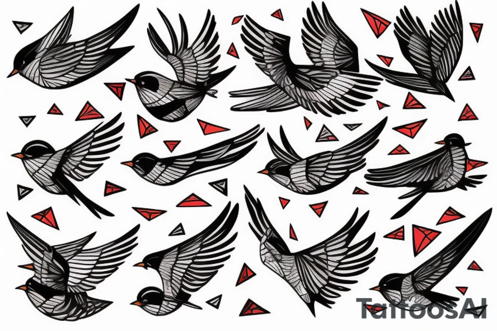 sketch geometric style robin bird mid-flight, dynamic, small amount of red accent tattoo idea