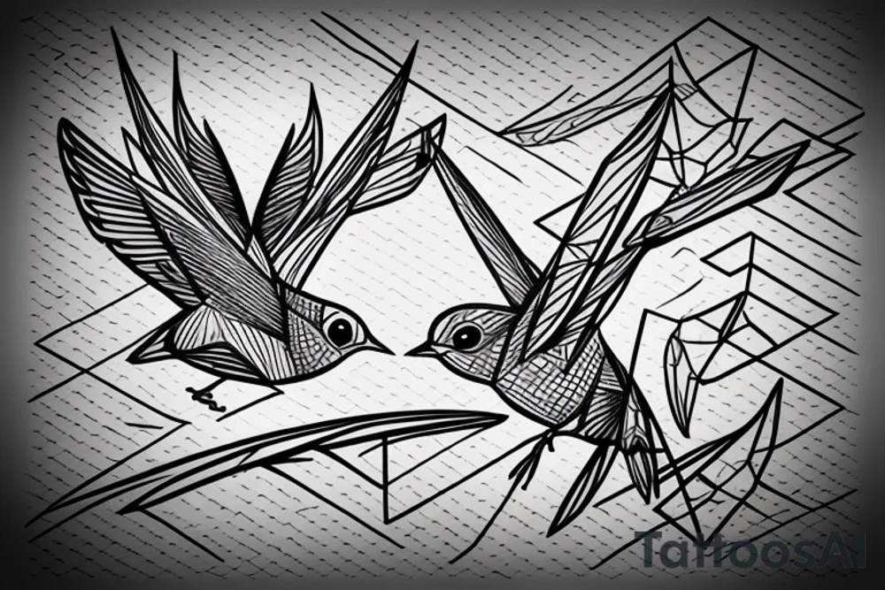 sketch geometric style robin bird mid-flight, dynamic, small amount of red accent tattoo idea